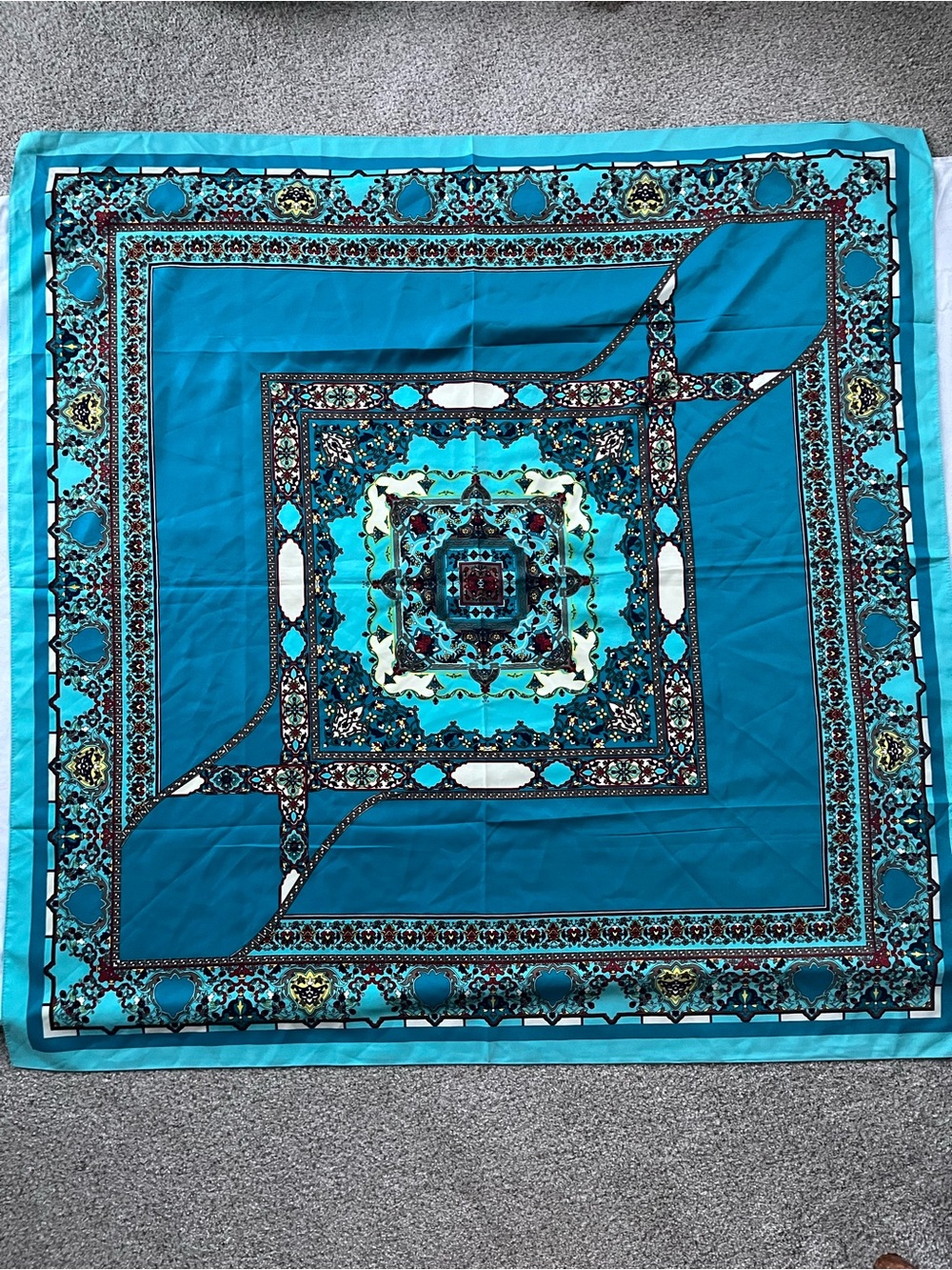 Corciova Turquoise/Teal Square Medallion Print/Persian Print Silk Scarf